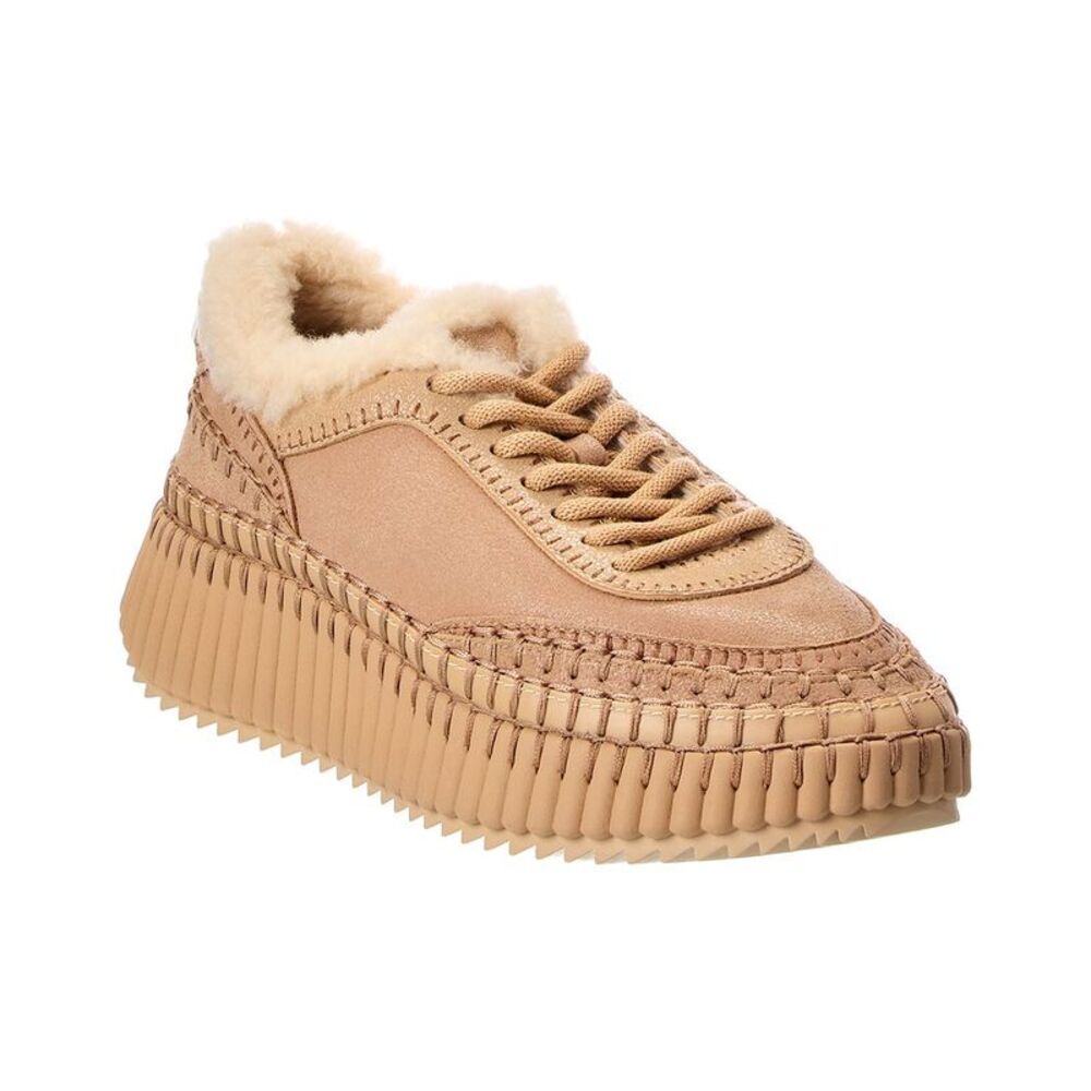 Chloé Nama Leather & Shearling Sneaker, Brown
